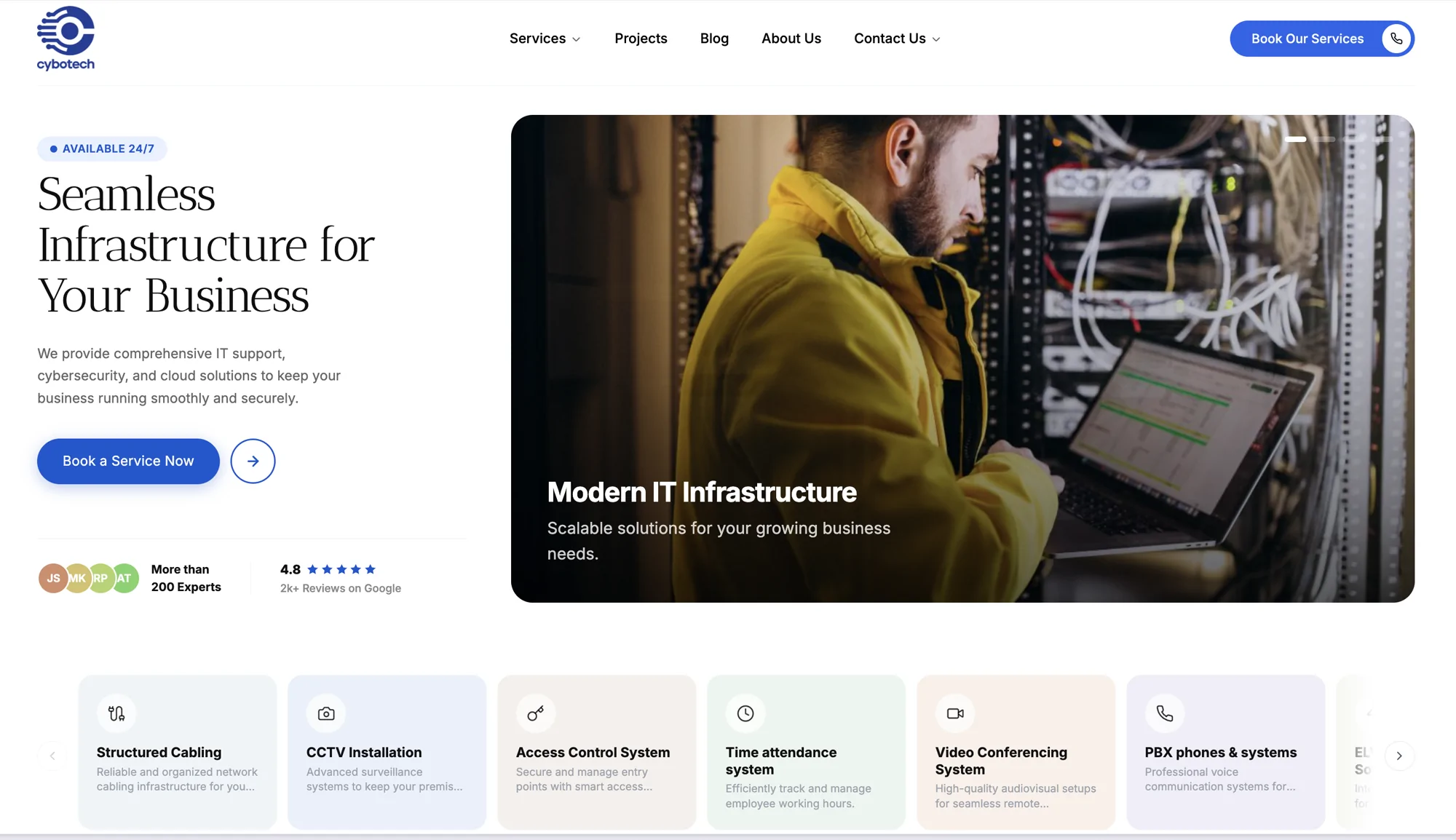 The Cybotech homepage, showing the services navigation and infrastructure hero