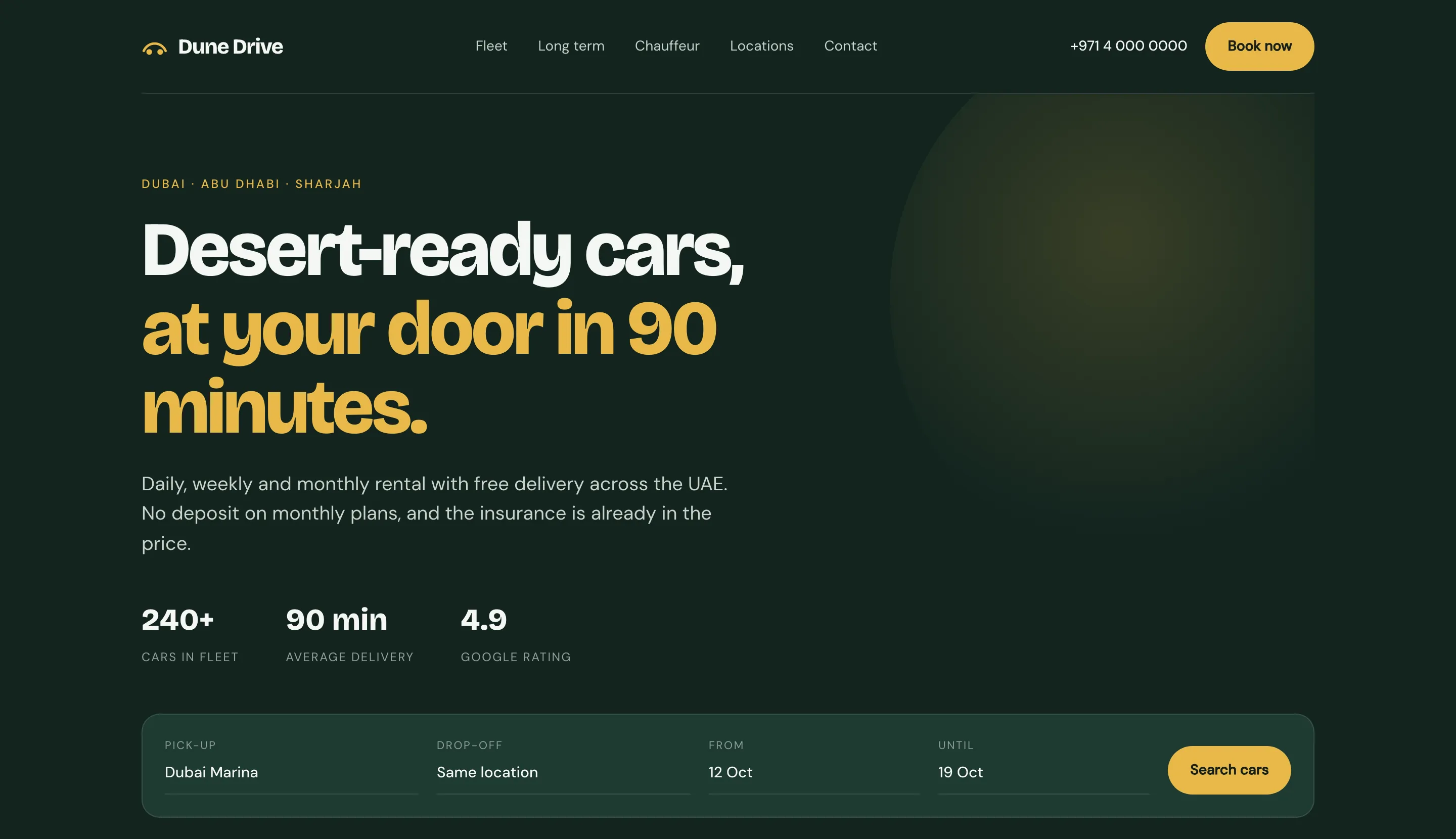The Dune Drive concept homepage, with a booking bar under the headline