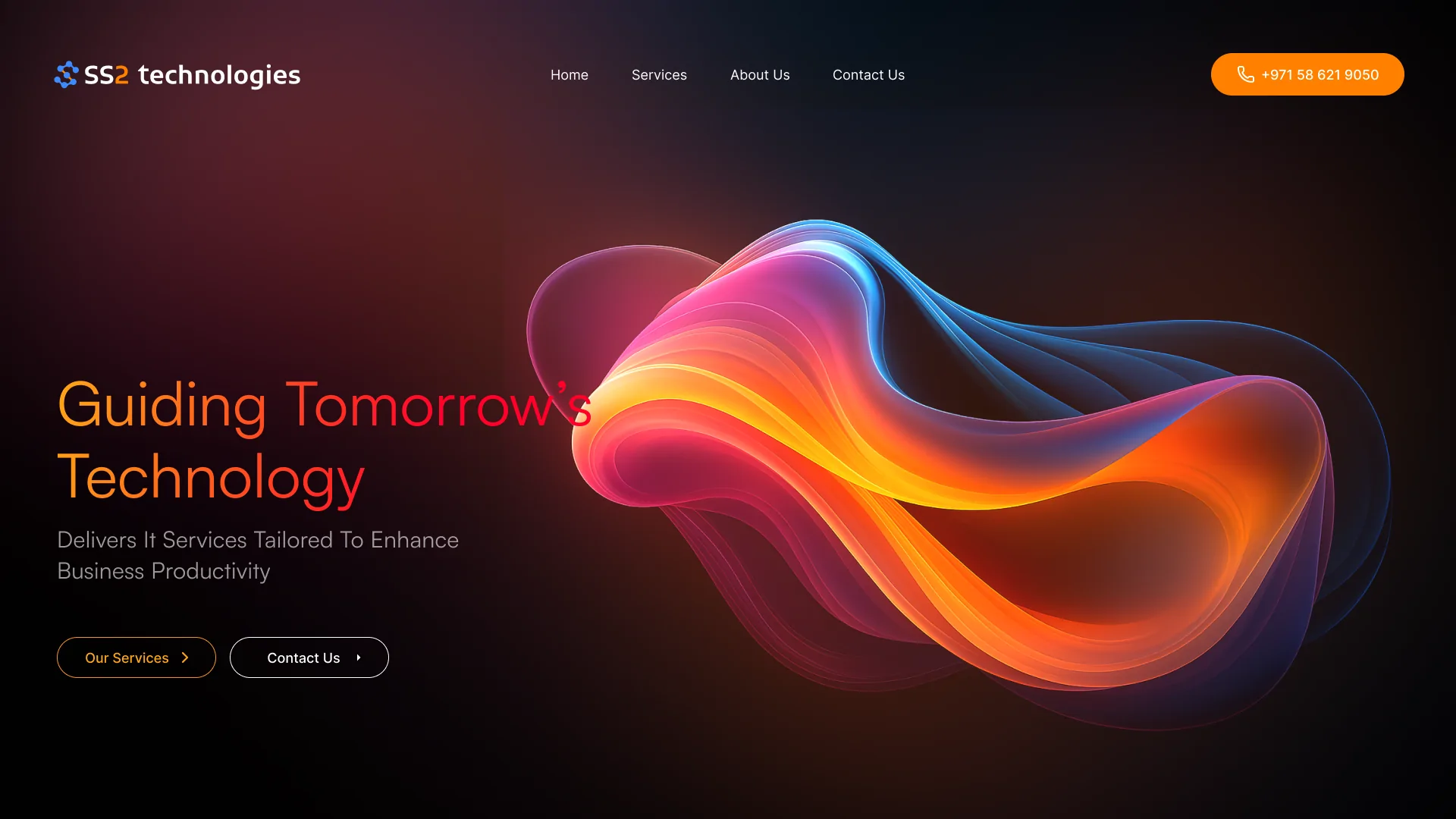 The SS2 Technologies homepage, with its headline over a flowing gradient